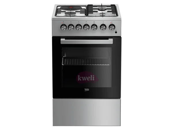 Beko Cooker 50cm x 60cm FSS53110GS; 3 Gas + 1 Electric Hot plate, Electric Oven and Grill, Timer, Rotisserie, Glass Lid