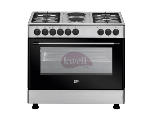 Beko Cooker 90cm Cooker with Fan-assisted Electric Oven GE 12121 DX – 4 Gas + 2 Electric Hot plate, Grill, Rotiserrie, Timer, Automatic gas cut-off Beko Appliances