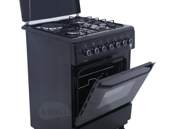 IQRA 60cm Cooker IQ-FC6011-BLK; 3 Gas + 1 Electric Burner, Electric Oven and Grill; Oven Timer, Enamel Pan Support