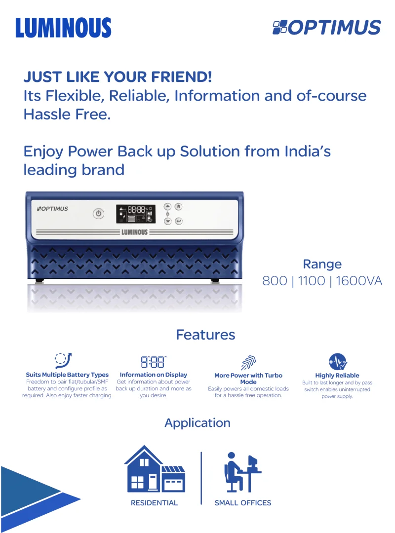 Luminous Optimus 1600VA 24V Solar Inverter; Digital Display, Low Battery Protection Inverters 6