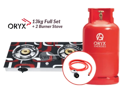 Oryx Gas 13kg Full Set with 2 Burner Glass-top Gas Stove – Ready to Cook; 12kg Gas, Low Pressure RegulaIator, Hosepipe Cooking Gas