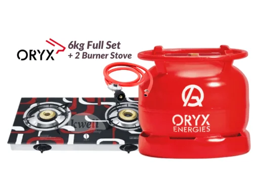 Oryx 6kg Gas Cylinder Full Set with 2-Burner Glass Top Gas Stove; 6kg Gas, Low Pressure RegulaIator, Hosepipe Cooking Gas