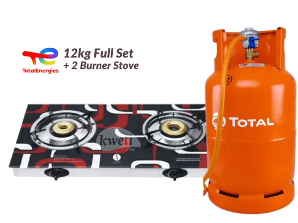 Total Gas 12kg Full Set with 2-Burner Glass-top Gas Stove - Ready to Cook; 12kg Gas, Low Pressure RegulaIator, Hosepipe