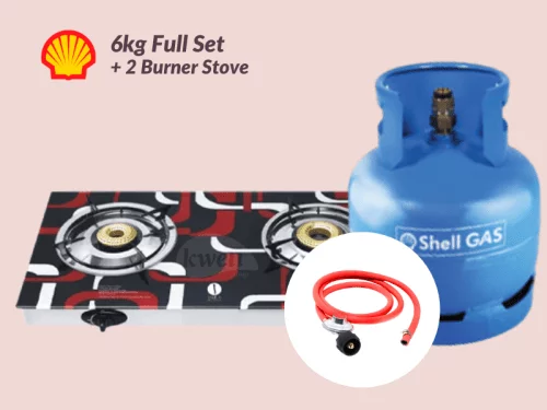 Shell Gas 6kg Full Set with 2-Burner Glass-top Gas Stove – Ready to Cook; 6kg Gas, Low Pressure RegulaIator, Hosepipe Cooking Gas