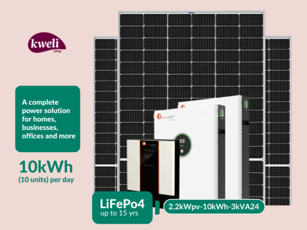 Kweli Energy 2.2kW-3kVA-10kWh-Lithium Hybrid Solar System with WiFi remote monitoring; A complete power solution for home or business