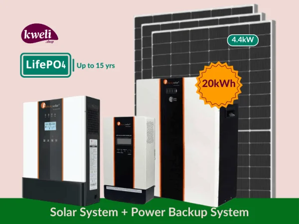 Kweli 4.4kW-20kWh-5kVA LifePo4 (Lithium) Hybrid Solar System & Power Backup Solution; 48V Complete Solar System for home, business or institution