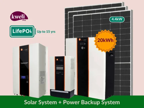 Kweli Energy 4.4kW-20kWh-10kVA LifePo4 (Lithium) Hybrid Solar System & Power Backup Solution; 48V Complete Solar System for home, business or institution Complete Solar Systems