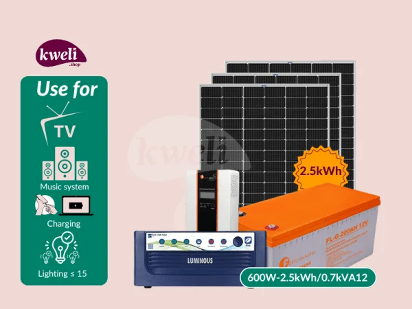 Kweli Energy 600W-2.5kWh-0.7kVA12V Complete Solar System - Gel; 600-watt Solar System to power upto 15 Bulbs, Woofer(Music), TV, Laptop and Phone Charging for 8-12 hours