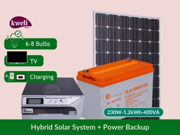 Kweli Energy 230W-1.2kWh-400VA Complete Solar System & Power Backup; Power upto 8 Bulbs, TV, Laptop and Phone Charging for 8-12 hours, 230-watt Complete System