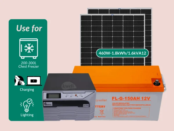 Kweli Energy 460W-1.8kWh-1.6kVA Hybrid Solar System & Power Backup Solution; Power your Freezer, Laptop Charging, Phone Charging and Lighting