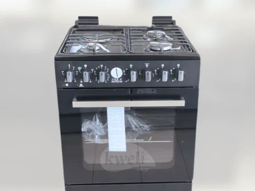 IQRA 60cmX60cm Cooker IQ-FC6031-BLK; 3 Gas Burners + 1 Electric Plate, Electric Oven and Grill, Timer, Glass Lid, Enamel Pan Support, Black Combo Cookers