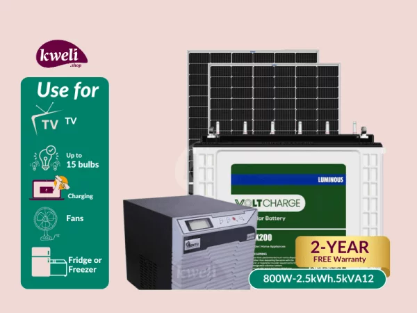 Kweli Energy 800W-2.5kWh-1.6kVA12V Hybrid Solar System & Power Backup System; Run upto 15 Bulbs, Fridge, TV, Laptop and Phone Charging for 8-12 hours