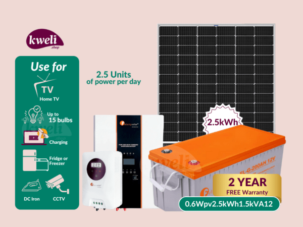 Kweli Energy 600W-2.5kWh-1500VA12V OffGrid Solar System & Power Backup Solution; Run a fridge/freezer, upto 15 Bulbs, TV, Laptop and Phone Charging