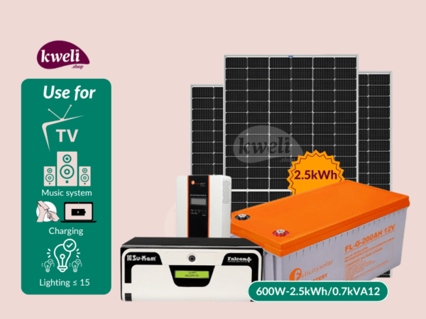 Kweli Energy 600W-2.5kWh-700VA12V OffGrid Solar System & Power Backup Solution; Run upto 15 Bulbs, TV, Laptop and Phone Charging