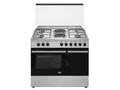 Beko 90cm Cooker BGES901; 4 Gas Burners, 2 Electric Plates, Electric Oven with Fan, Gas Cylinder Compartment, Rotisserie, Cast Iron Pan Supports, Double Glass Door, Stainless Steel Finish Beko Appliances Ariston cooker