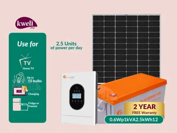 Kweli Energy 600Wp-1kW-2.5kWh Gel Hybrid Solar System for a Home; Run upto 15 Bulbs, Fridge, TV, Laptop and Phone Charging