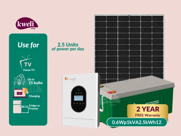 Kweli Energy 600Wp-1kW-2.5kWh Lead Carbon Hybrid Solar System for a Home; Run upto 15 Bulbs, Fridge, TV, Laptop and Phone Charging