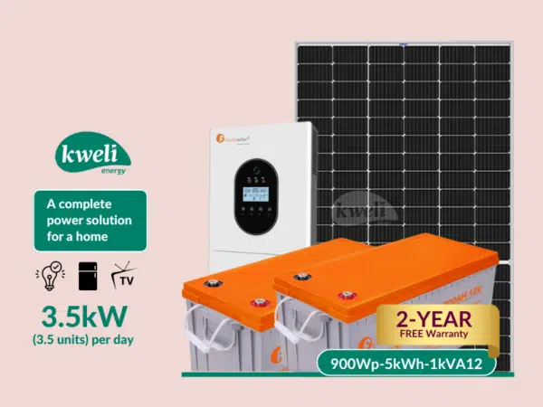 Kweli Energy 900Wp-1kW-5kWh-Gel Hybrid Solar System & Power Backup Solution ; Complete Solar System to Power 20 Bulbs, Fridge, TV, Fan, CCTV, Laptop and Phone Charging, Internet Router