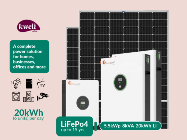 Kweli Energy 5.5kWp-8kVA-20kWh-Lithium Hybrid Solar System with WiFi remote monitoring; Complete Solar System for home or business