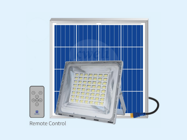 Blue Carbon 60W 5000-Lumen LED Solar Flood Light WaWa Light 6.0; 120W Solar Panel, 65Ah Lithium Battery, IP65 Waterproof, Auto Dusk-to-Dawn Operation, Remote Control