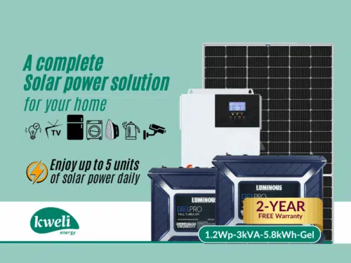 Kweli Energy 1.2kWp3kVA5.8kWh-Gel Hybrid Solar System; Enjoy up to 5 units of solar power daily – power your lights, washer, Iron , TV, fan, fridge, cameras… Complete Solar Systems 2