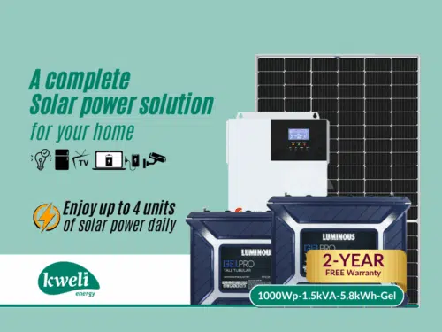 Kweli Energy 1kWp1.5kVA5.8kWh-Gel Hybrid Solar System; Enjoy up to 4 units of solar power daily – power your lights, TV, fan, fridge, cameras and more Complete Solar Systems 2